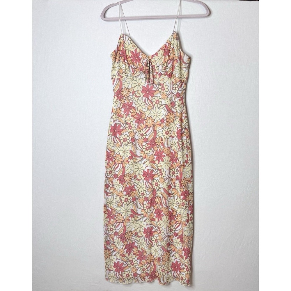 Y2K Babydoll Midi Maxi Dress Sz L Floral Bow Sheer Lined Stretch Pink Yellow